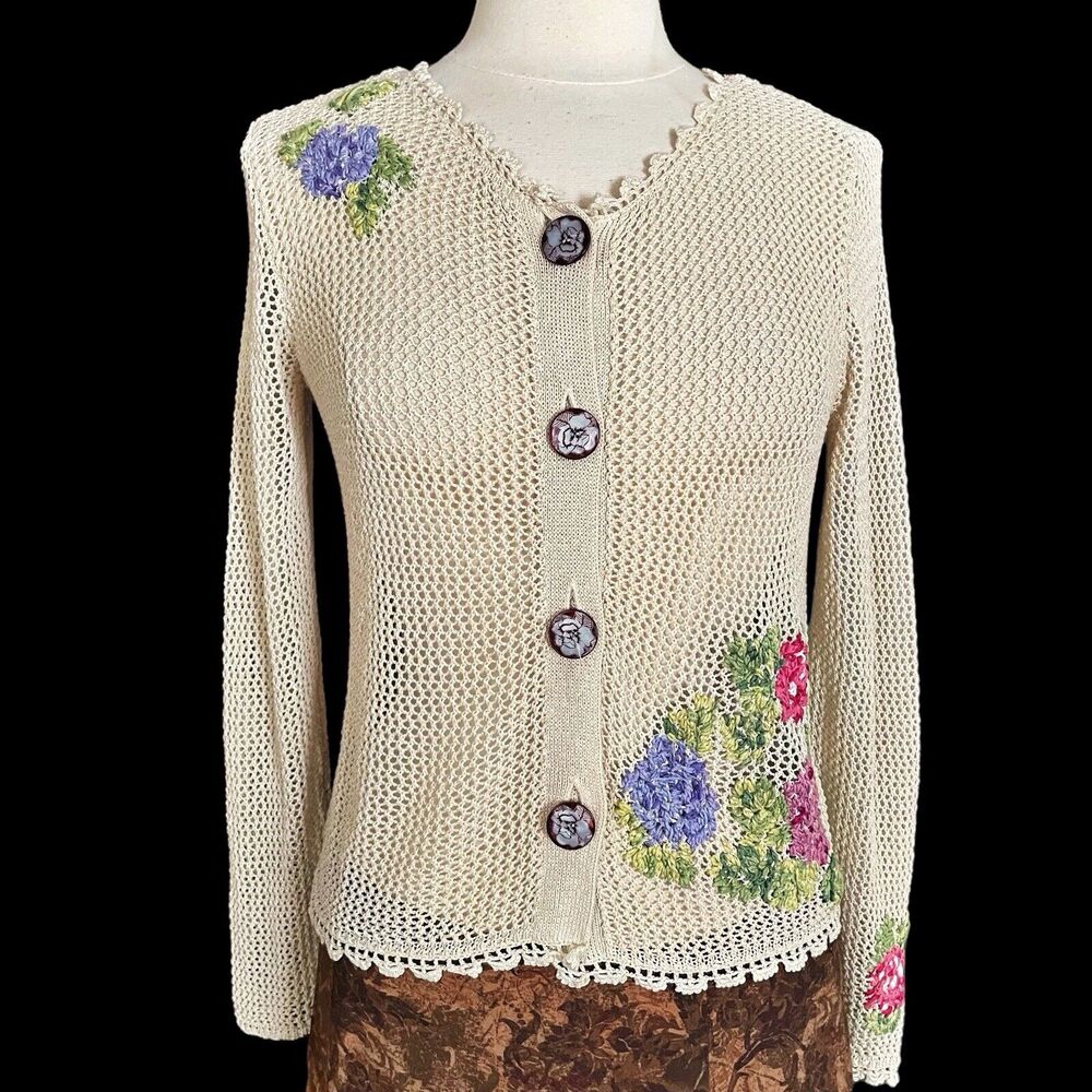 J. Jill Crochet Embroidered Cardigan Sweater Sz S Linen Blend Ivory Boho Coastal